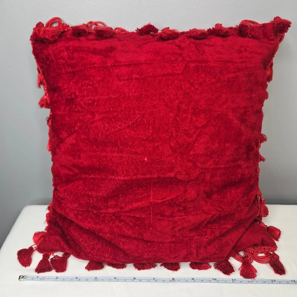 Red Velvet Throw Pillow with Tassel Fringe Trim Square 13x13 Decorative Accent